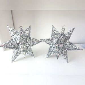 Pier 1 Vintage retired hanging silver iridescent holiday stars 9in rare set of 2